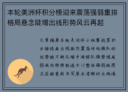 本轮美洲杯积分榜迎来震荡强弱重排格局悬念陡增出线形势风云再起